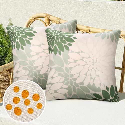Fundas Cojines Exterior Verdes y Blancos Flor de Dalia Fundas Impermeable de Cojín para Sofá Moderna Decoración para Hogar Dormitorio Coche Sillas Sillones de Sala Terraza Jardines 45x45cm, Juego de 2