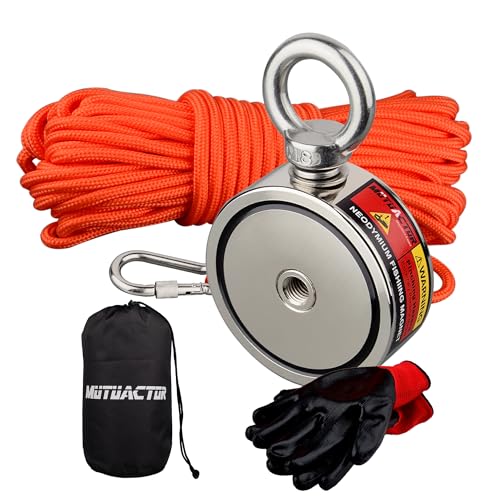 MUTUACTOR Double-Sided Fishing Magnet Kit,Combined 760lbs Fishing Magnets Heavy Duty,Φ2.36''Permanent Neodymium Rare Earth Magnet with 65Ft Salvage Rope Sturdy Gloves Bag for Recovery Treasures
