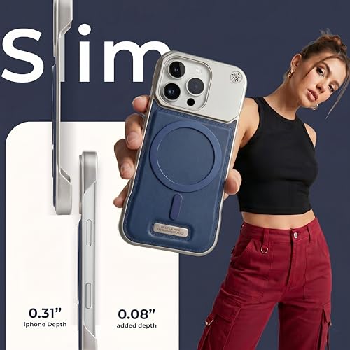 Image of Frameless Metal Case Compatible with MagSafe Luxury Aluminum Frame with PU Leather Finish Magnetic Ring with Wireless Charging Shockproof Premium Slim Case (Blue, iPhone 11)