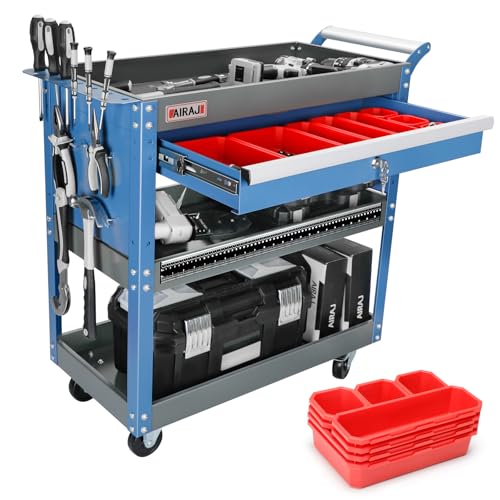 AIRAJ 3-Tier Tool Trolley on Wheels Heavy Duty, Mechanic Tool Cart with Drawers, Utility Trolley for Garage,Repair Room,Warehouse, Workshop,Load Capacity 200KG