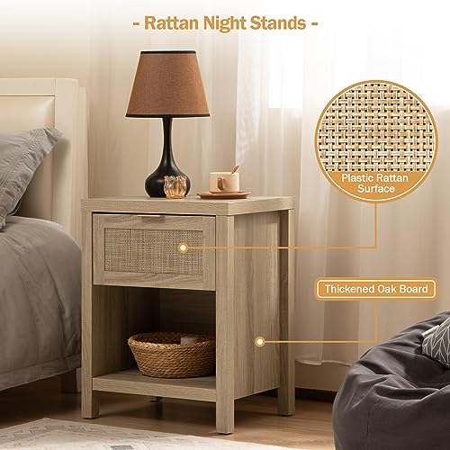 Sicotas Rattan Nightstands Set Of 2, Farmhouse Night Stands With Drawer Bedside Table - Boho End Table Side Table Accent Table For Bedroom Living Room, Light Oak Wood thumb #4