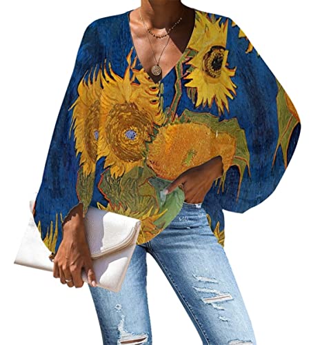 JooMeryer Women's Starry Night Print V-Neck Long Sleeve Casual Chiffon Blouses Shirts Tops