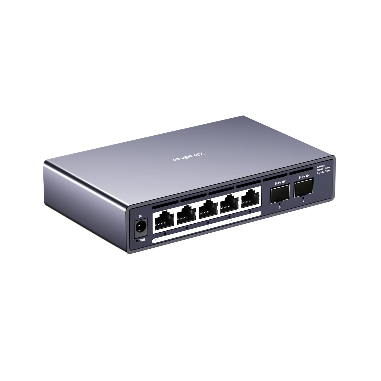 XikeStor Switch PoE+ 2.5GbE a 5+2 porte con 2× SFP+ 10G, 100W, 5× porte PoE (fino a 30W), non gestito, senza ventola, Plug & Play, montaggio desktop/muro per NAS, telecamere IP, ufficio
