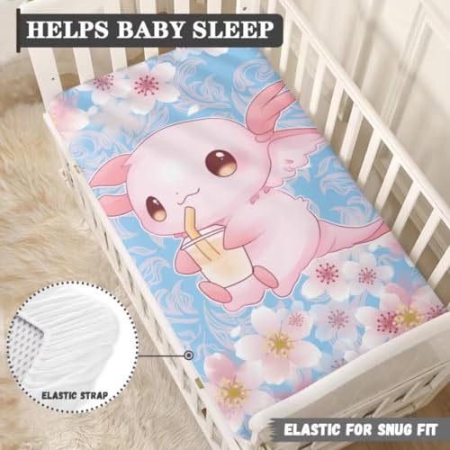 Image of Axolotl Fitted Crib Sheets Cherry Blossoms Baby Sheets for Standard Cribs Pink Removable Mattress Cover Breathable Nursery Bed Sheets Decor for Boys Girls Toddler
