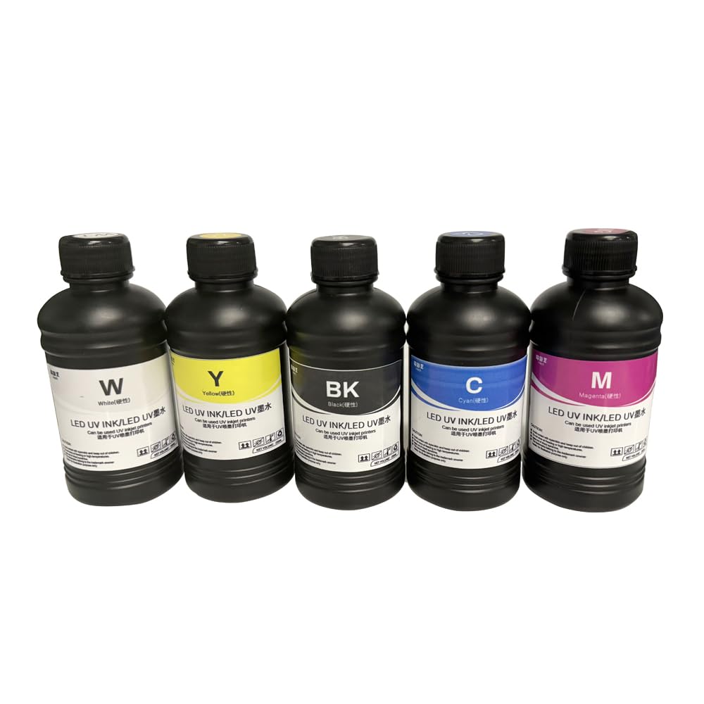 Inchiostro UV LED per stampante UV, 5 x 250 ml, 5 colori: ciano, giallo, nero, magenta, bianco