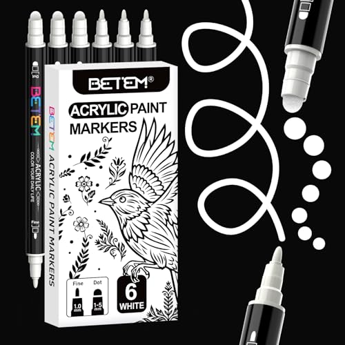 Betem 6 White Dual Tip Acrylic Paint Markers Fabric Decorating Kits Premium Water-Based Acrylic Paint Pens Art Supplies for Fabric Rock Wood Glass Canvas Ceramic Teacher Appreciation Gift