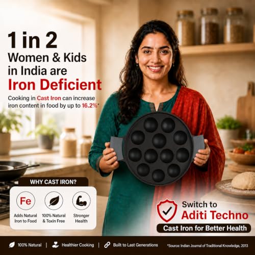 Image of Aditi Naturally Oil-Seasoned Appam Pan 12 Pit for Unniyappam /Paddu /Paniyarkal /Paniyaram(10 inch /25 cm), Protective Silicone Handle Covers