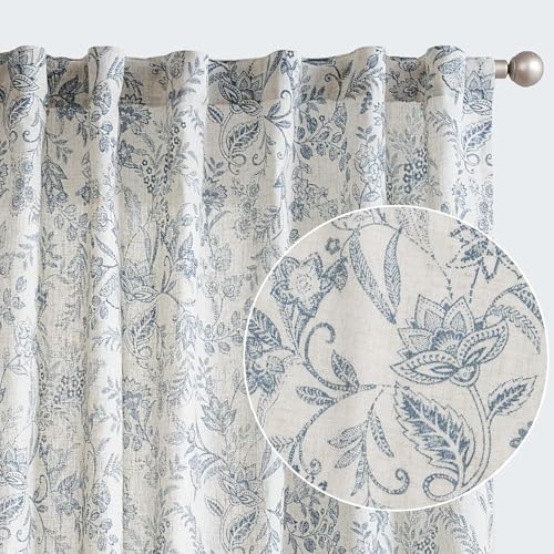 Rideaux en lin fleuris bleu et beige avec passants cachés TOPICK