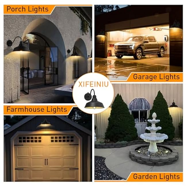 12.4 Dome Gooseneck Barn Light, Outdoor Anti-Rust&Waterproof Farmhouse Wall Sconce, Outdoor Wall Lanterns for Porch/Patio, E26 Base 100W Max(Black 2-Pack Dusk to Dawn Outdoor Lighting)
