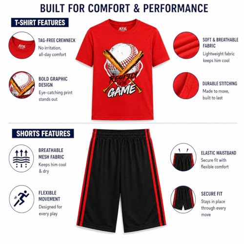 Image of Pro Athlete Boys Shorts Sets - 4 Piece Dry Fit Short Sleeve Crewneck Graphic Tee and Performance Shorts for Boys (Sizes 8-16)