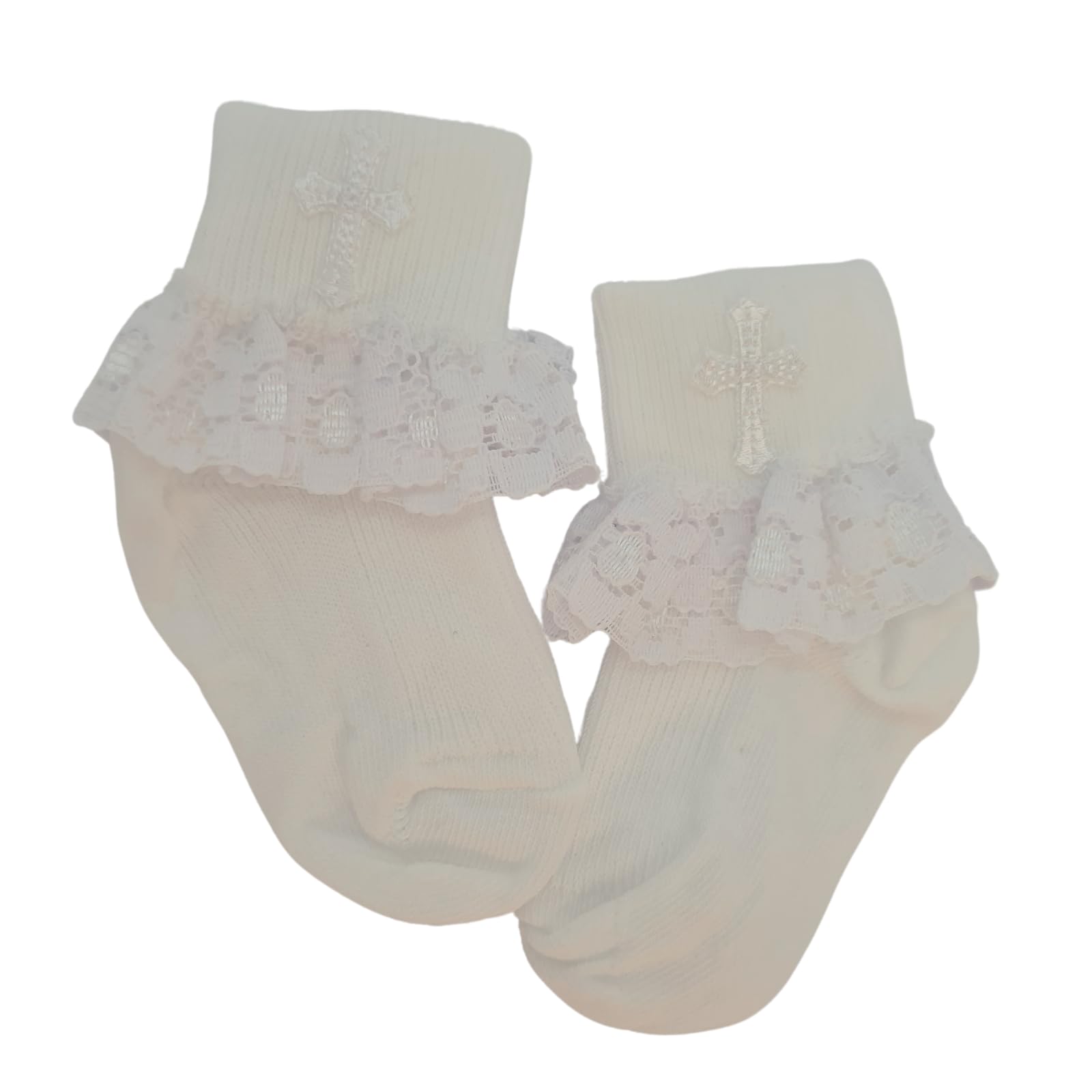 Baby Togs Women's White Baby Christening Socks - Baby Girls Frilly Socks With Cross, British Made, Cream Or (Uk, Age, 12 Months, 24 Months, )