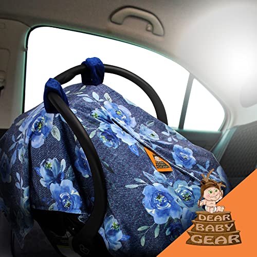 Image of Dear Baby Gear Blue Baby Car Seat Canopy + Snap Button Opening - Carseat Canopy for Daily Use - Cover for Newborn Car Seats - Stylish Nursing Cover - Floral Highland Cow, Denim Floral, 40 inch x 30 inch