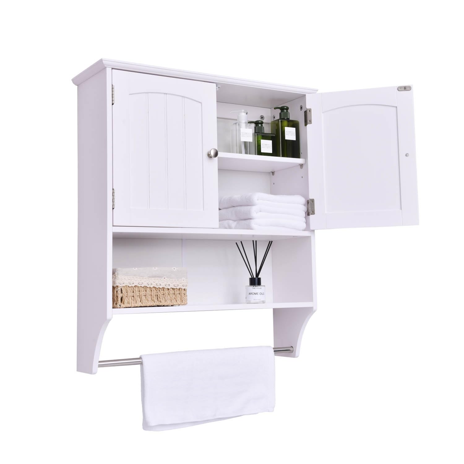 Ceredeme White Bathroom Cabinet Wall Mounted with Towels Bar, Over Toilet Storage Cabinet with 2 Doors and Adjustable Shelf, Medicine Cabinets with