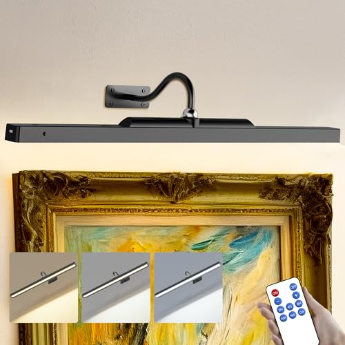 Image of 24 Inch Picture Light - Black 6000mAh Battery Operated Wireless Wall Sconce with Remote & Timer for Paintings, Gallery, Mirror & Artwork