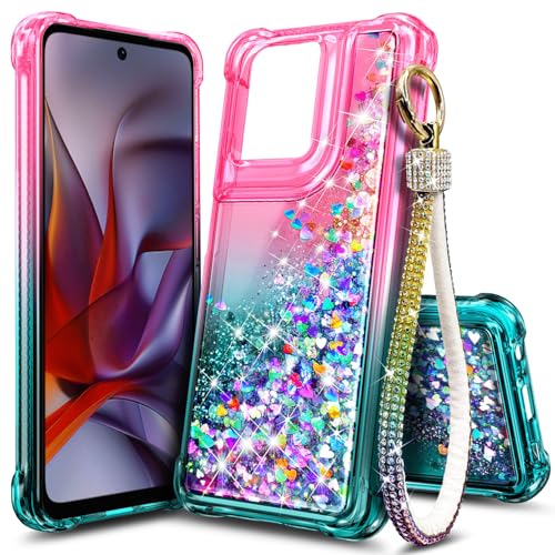 WDHD Designed for Motorola Moto G-2025/2026 & Moto G Play 2026 Case, Pink/Aqua | Bling Sparkly Glitter Floating Liquid Cute Phone Cover for Women Girls Kids with Diamond Wrist Strap Lanyard