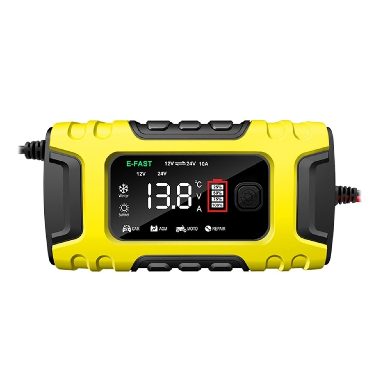 Cargador De Batería Coche Inteligente 7 Etapas 12V-24V, Digital 10A Completamente Automático, Reparación Pulso For Ácido Plomo Carga De PrecisióN(Yellow)