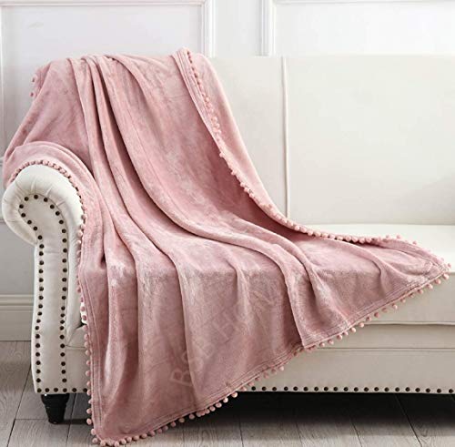 Image of BSB HOME Micro Mink All Season Solid 250 GSM Throw Size Blanket /Comforter /Dohar /Throw, Ultra Soft Cozy Blanket with Pompom Fringe (Pink, 150X115 cm)