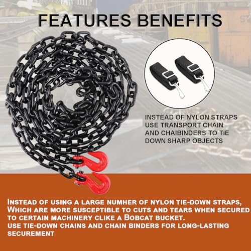 Image of 3 /8 Inch x 20FT Safety /Binder Chain G80 Transport Binder Chain with Clevis Grab Hooks 7,100 lbs Safe Working Load Logging Chain for Transporting Towing Tie Down Binding Equipment