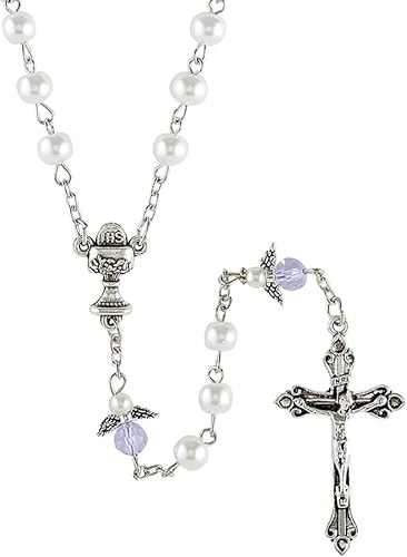 Needzo Rosario de primera comunión con diseño de cuentas de ángel para niñas, regalo de recuerdo, 20 pulgadas, Vidrio Metal