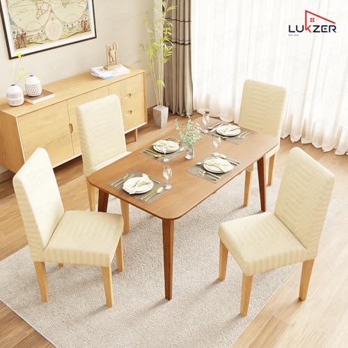 Image of Lukzer Elastic Dining Chair Cover - 2PC Pastel Yellow Dotted Stripe | Textured High Stretch Jacquard Seat Cover | Removable Washable Short Dining Chair Cover Protector Seat Slipcover | (CC-070-02)