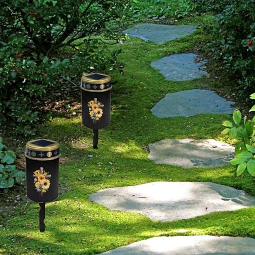 Image of Cemetery Lights for Grave, Cross Sunflower Hummingbird Print Outdoor Flameless Candles Solar Powered Flameless Cemetery Solar Lights Dustproof Waterproof and Easy to Install