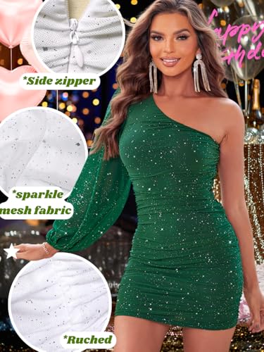 Image of ShawGobow Sparkly Outfits for Women,One Shoulder Ruched Bodycon Short Prom Dress,Sexy Dresses Cocktail Homecoming Nye