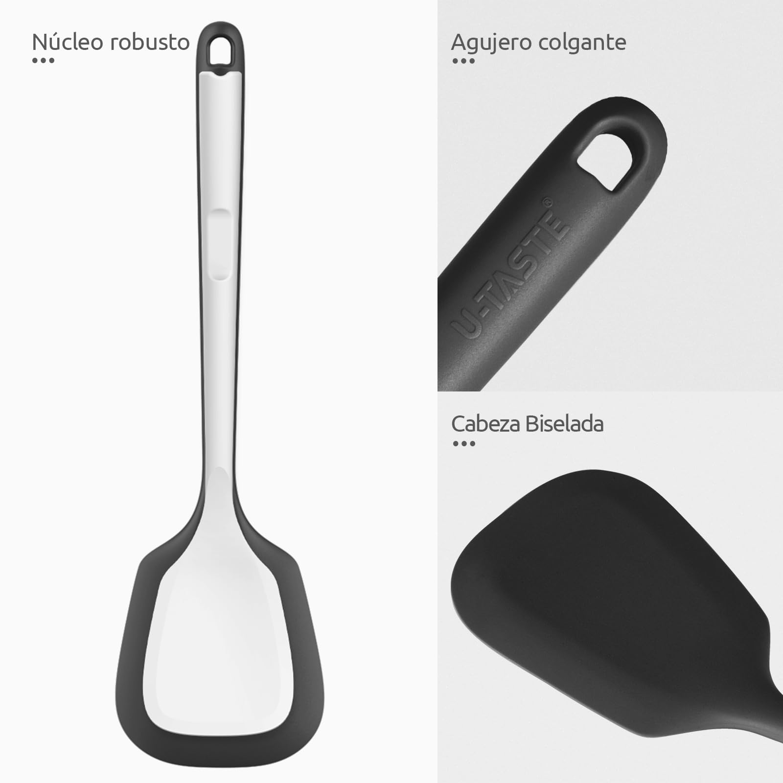 U-Taste 2 piezas Espátula de silicona, resistente calor 315℃, Negro | utensilio de cocina de goma antiadherente sin costuras para hornear freír huevos, panqueques