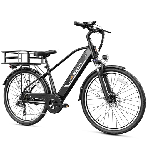 Jasion Roamer Electric Bike for Adults,1200W Peak Motor,28 MPH Max Speed,528WH Removable Battery Ebike, 26'' Commuter E Bike,Front Suspension and 7-Speed Bicycle,Black,with Rear Basket