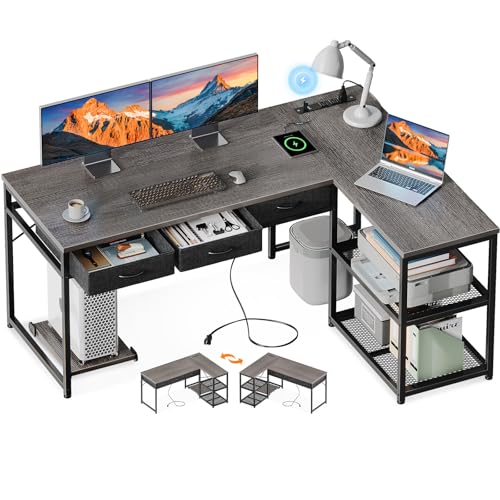 AODK 53 L-Shaped Computer Desk with Drawers and Power Outlets for Home Office Gaming, Oak Grey