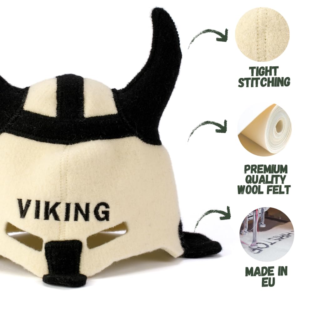 Saunahut 'Sauna Viking' White - 100% organische Wollfilzmützen - Schützen Sie Ihren Kopf vor Hitze - Englische Sauna E-Book Handbuch inklusiv - mit Stickerei