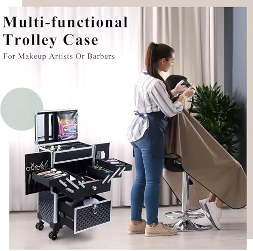 Image of Adson Multifunctional Professional Beauty Makeup Artist Rolling Cosmetic Aluminium Vanity Trolley Beauty Train case Makeup Cosmetic Trolley Hairstylist Travel Organizer (Silver with Design)