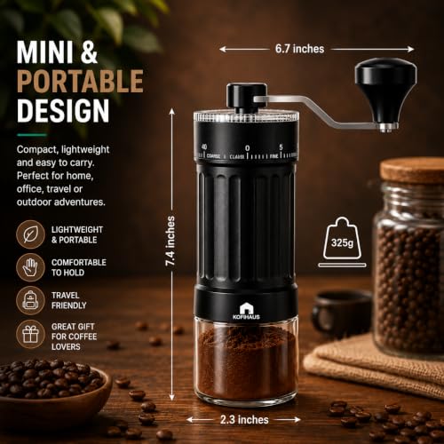 Image of KOFIHAUS Manual Coffee Grinder - Adjustable Conical Burr Hand Grinder with Precision Grind Settings for Espresso, Pour Over, French Press - Compact & Portable Design