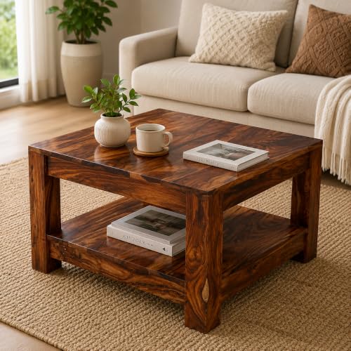 Image of Douceur Furnitures Solid Sheesham Wood Coffee Table for Living Room | Wooden Centre Table & Tea Table for Hall, Bedroom, Home, Office, Hotel & Cafe | Natural Brown Finish