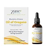 Zane Hellas 100% olio di origano non diluito. Olio essenziale greco di origano .86% Min Carvacrol. 164 mg di carvacrolo per dose. Probabilmente il miglior olio di origano al mondo. 1 fl. oz. - 30ml.