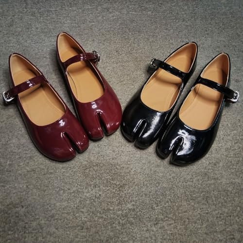 ZQW Tabi Shoes Mary Jane Ballet Flats for Women Split-Toe Patent Leather Adjustable Buckle Strap Retro Minimalist Lightweight Dressy Casual Party Wear3