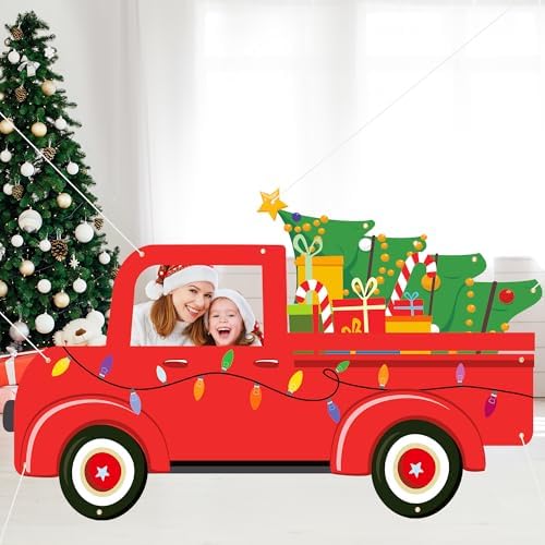 Christmas Photo Booth Backdrop Red Truck Selfie Frame Banner – Large Fabric Holiday Party Decoration for Indoor Outdoor Xmas Winter Celebration