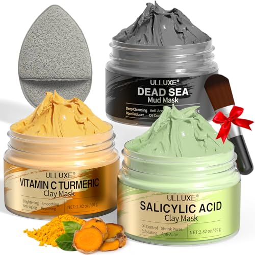 Facial Clay Mask Set - Vitamin C Turmeric Face Mask, Dead Sea Mud & Salicylic Acid (BHA) Mask for Pore Cleansing, Brightening, Blackheads & Dark Spots, Face Masks Skincare Gift for Women, 2.82 oz each
