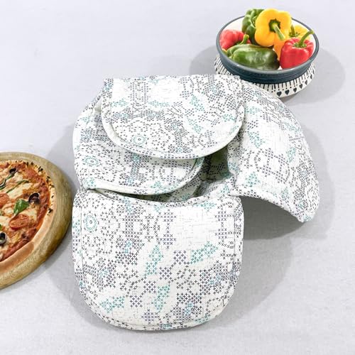 Image of Swayam 100% Cotton Cloth Roti Casserole | Hot Chapati Box | Washable Bread Basket | 22 cm Round Roti Basket | Geometric Design - White & Grey