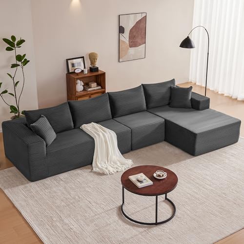 Image of Mangodan 140 inch Cloud Sectional Couch, Boneless Sofa for Living Room, Modular Sectional Sofa with Deep Seat, Comfy Fluffy L-Shaped Couch with Right-Facing Chaise, No Assembly Required, Grey