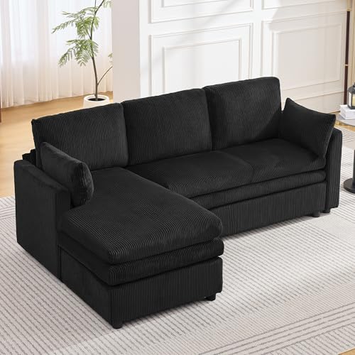 Image of 85 inch Sectional Couches with Left Chaise, Comfy Deep Dual-Layer Cushion Couch, 4 Seater L Shaped Couch, Modern Modular Sofa, Corduroy Sofas for Living Room, Apartment, Black