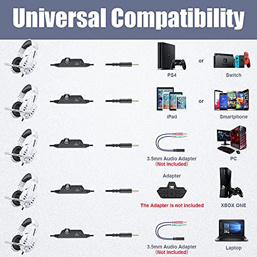 Image of BENGOO Pro Gaming Headset for PS4 PS5 PC Xbox One Controller, Noise Cancelling Over Ear Headphones with Mic, LED Light, Bass Surround, Soft Memory Earmuffs for Laptop Mac - White