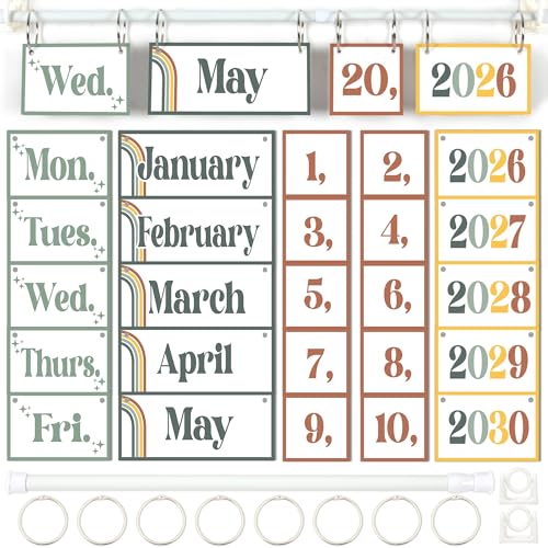 Image of Boho Green Flip Calendar Bulletin Board Set Sage Green Calendar for Classroom Whiteboard Decor with 2026 to 2030 Years Date Cards and Adjustable Rod for Home Elementary Back to School Teacher Supplies
