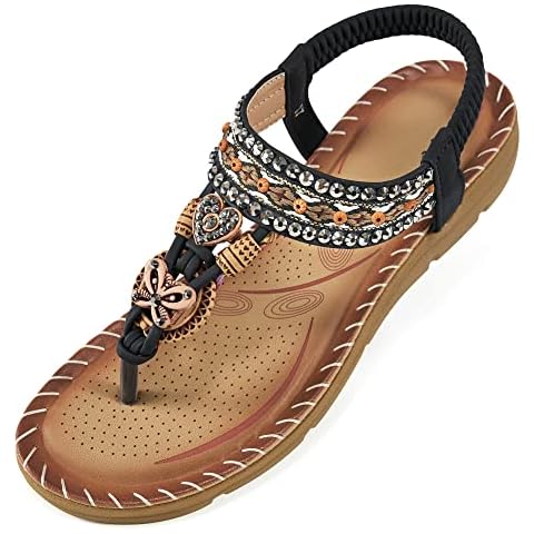 Aomigoct Sandals Women Flat Shoes: Dressy Summer Bohemian Flats Shoes for Women Sandals Comfortable Ankle Strap Outdoor Walking Cover