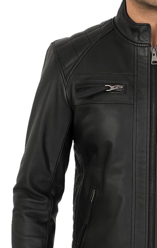 Mens Black Leather Jacket - Genuine Lambskin Cafe Racer Motorcycle Style Distressed Leather Jacket3
