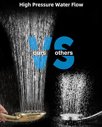 Hibbent Handheld Shower Head, High Pressure 7-Setting Shower Head, 5'' Polished Brass Face, 71-Inch Stainless Steel Shower Hose, Adjustable Bracket, 7 Functions Powerful Gold Shower Spray Head Set #TOP3