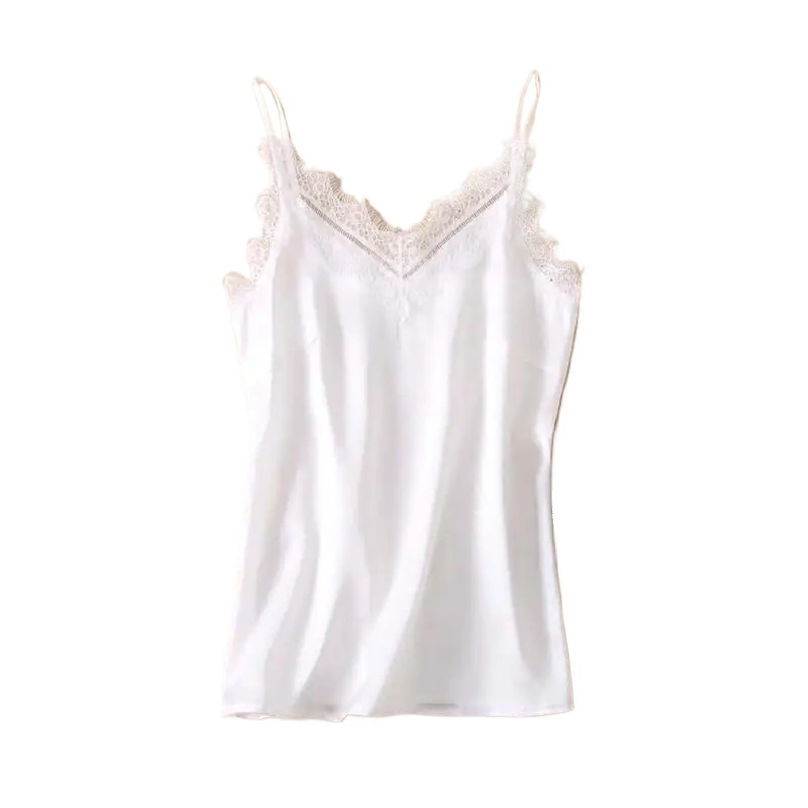 Tops Mujer Camisola Satén Camiseta de Tirantes Seda con Retazos Encaje for Mujer, Top satén sin Mangas Cuello en V for Verano(White,M)