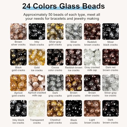Image of XSEINO About 1200PCS 6mm Crack Glass Beads,24 Assorted Crack Earthtone Blackwhite Series Colorful Crystal Beads for Bracelet and Jewelry Making and DIY Crafts,Friendship Bracelets