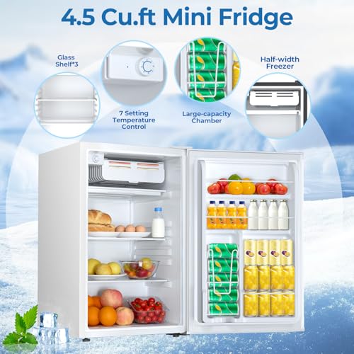 Image of Electactic 4.5 Cu.ft Mini Fridge with Freezer, Compact Refrigerator with Reversible Single Door, Adjustable Thermostat, Low Noise, Energy Efficient for Office, Dorm, Bedroom, Apartment White