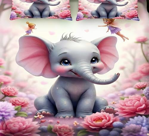 Image of Home Sizzler Premium 7D Kids Soft Microfiber Double Bedsheet with 2 Pillow Covers - Soft, Breathable, Cute 3D Baby Elephant & Pink Floral Fairy Print