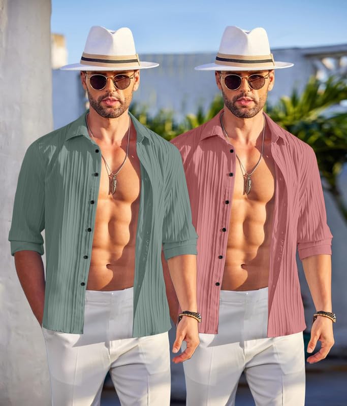Image of FINIVO FASHION Men's Cotton Blend Shirt Set Lightweight, Full Sleeves, Plain Texture, Button Closure, Summer Ready (Pack of 2)